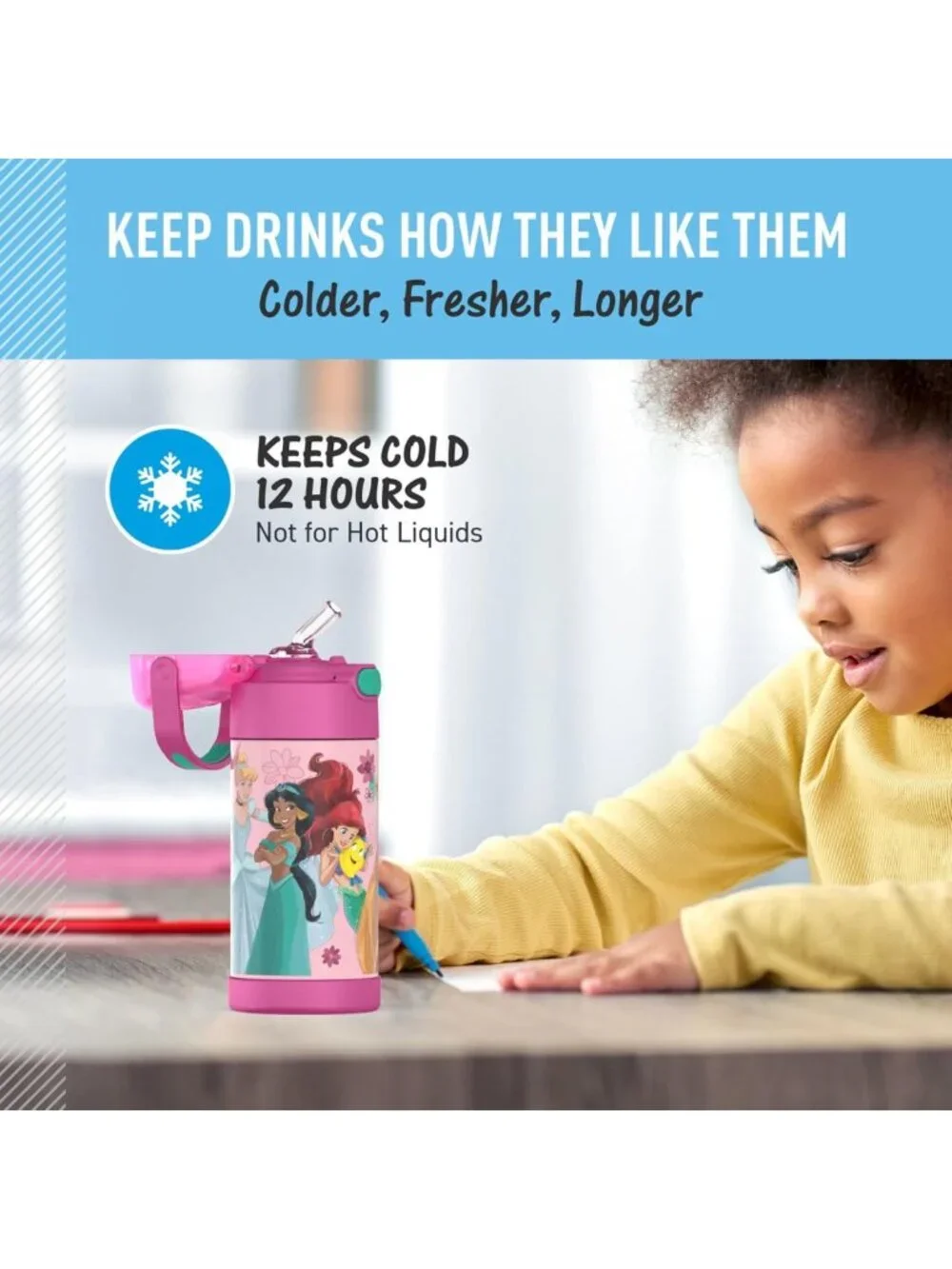 12oz Insulated Water Bottle with Straw - Kids' Princess Design, Perfect for